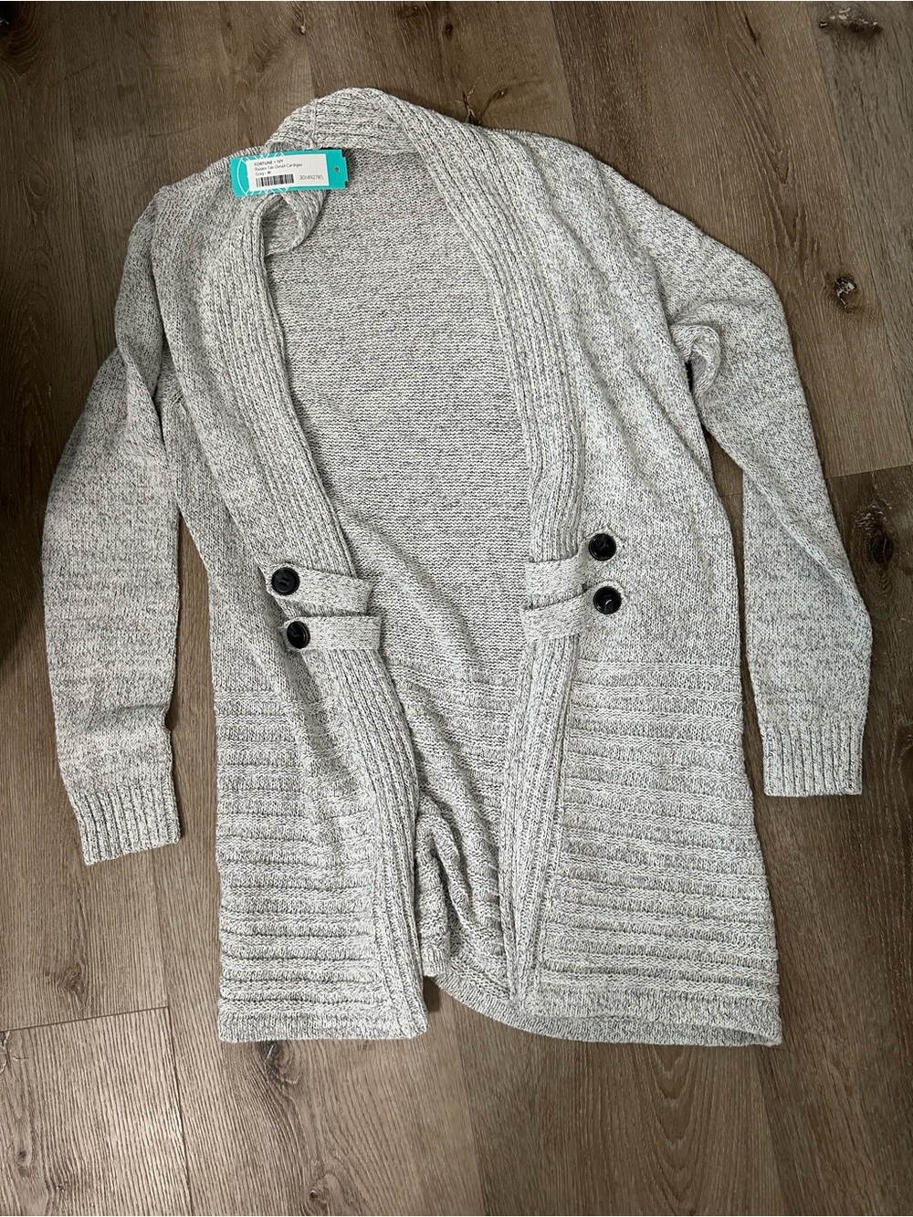 Light Gray Open-Front Ribbed Cardigan with Button Accents
